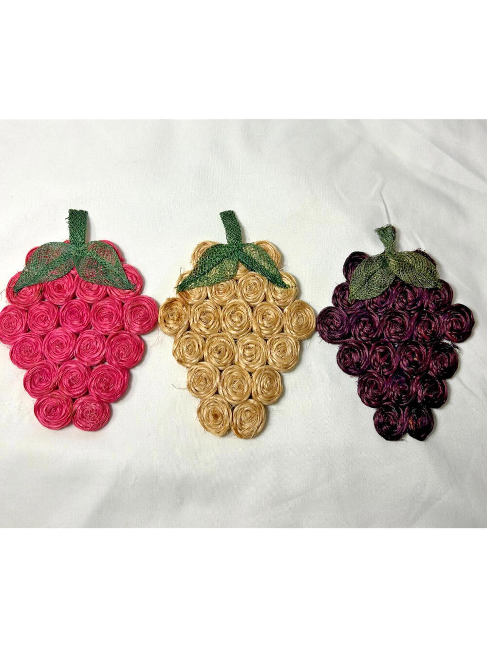 Vintage Wicker Straw Grape Coasters Trivets Set of 3 Pink Beige Purple